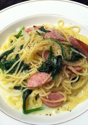 ソーセージとほうれん草のスープパスタ-レシピのメイン写真