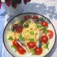 炙り〆鯖とプチトマトのパスタ。