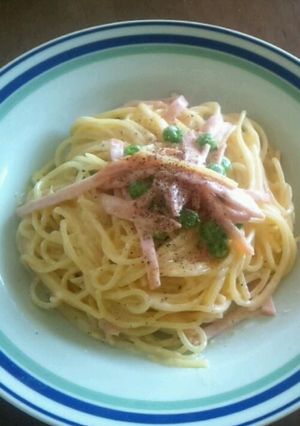 ハムとグリーンピースのカルボナーラ風スパ-レシピのメイン写真