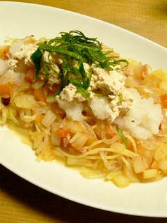 トマトパスタおろしツナマヨ乗せ-レシピのメイン写真