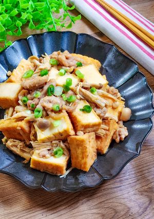 味染みウマぁ~！厚揚げきのこと豚こまのすき煮-レシピのメイン写真