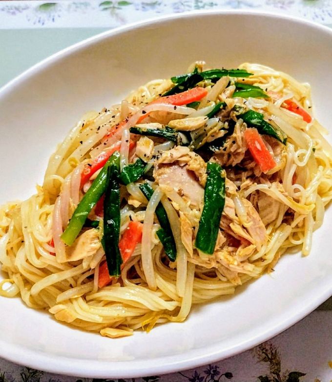 簡単昼食！ニラもやし素麺カレーチャンプル by きりん家の食卓
