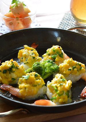 ふんわり卵のせて海老のグリル焼き♪-レシピのメイン写真