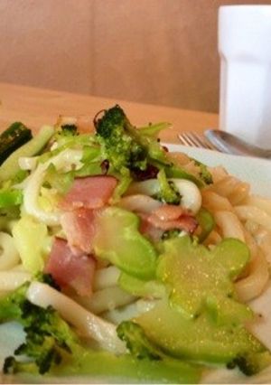 ブロッコリーの茎のうどんペペロンチーノ。-レシピのメイン写真