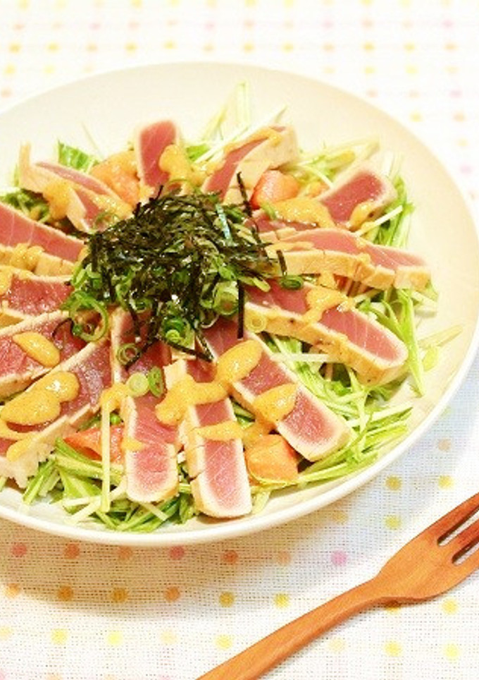 鮪のたたきと水菜のニンニク味噌サラダ☆-レシピのメイン写真