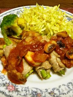 アスパラの豚バラ巻き+トマトソース-レシピのメイン写真