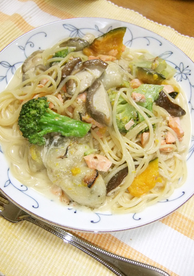 牡蠣とサーモンときのこのクリームパスタ♡-レシピのメイン写真