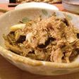 豚肉、茄子、牛蒡、白ネギの味噌炒め