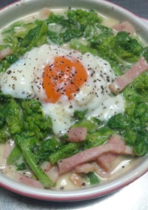 菜の花のカルボナーラ風 おんたま添え♪-レシピのメイン写真