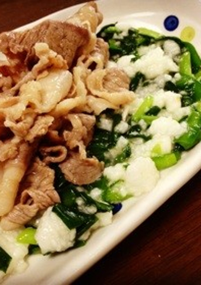旨酢たれ豚コマの☆ニラとたたき長芋添え♪-レシピのメイン写真