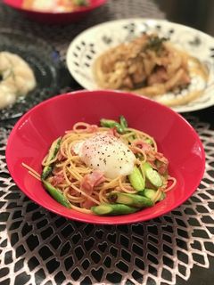 ベーコンとアスパラのパスタ 温玉のせ-レシピのメイン写真