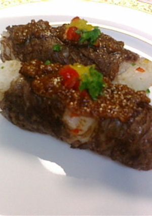 カラフルおにぎりの牛肉巻き　田楽風-レシピのメイン写真