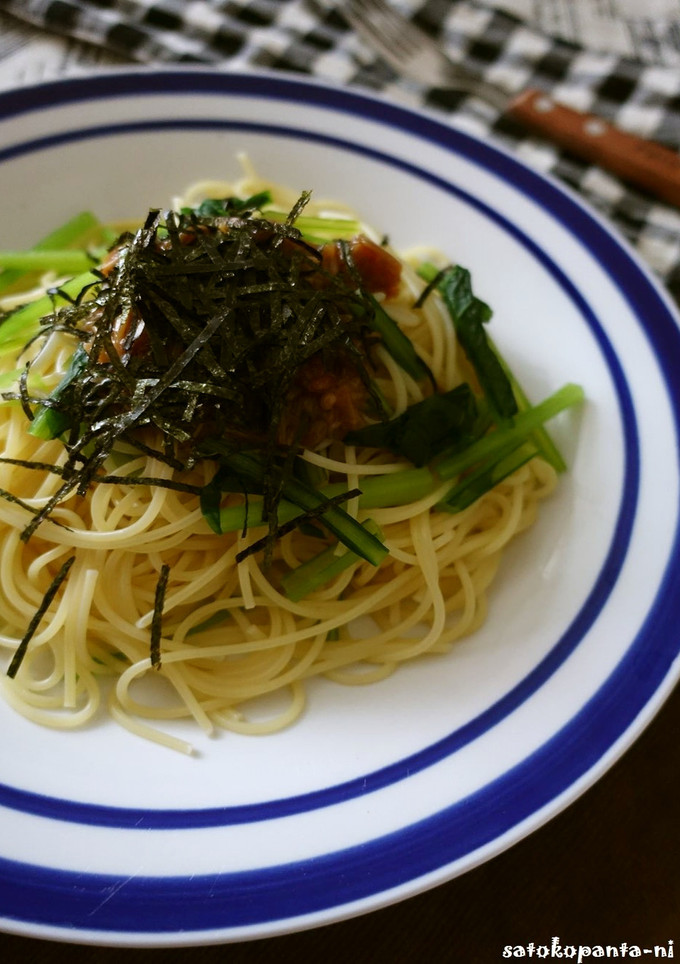 小松菜となめ茸と梅の簡単冷製パスタ-レシピのメイン写真