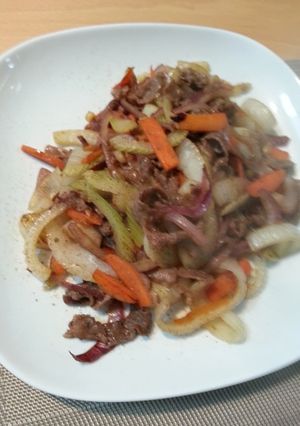 新玉葱とセロリと牛肉のあっさりピリ辛炒め-レシピのメイン写真