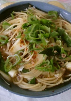 ひき肉とねぎで中華スープスパゲティ-レシピのメイン写真