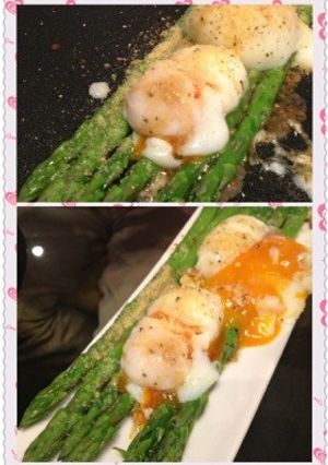 ホットプレートでアスパラの温泉卵仕立て-レシピのメイン写真