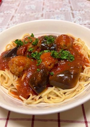 ナスと肉団子のトマトソース スパゲティ-レシピのメイン写真