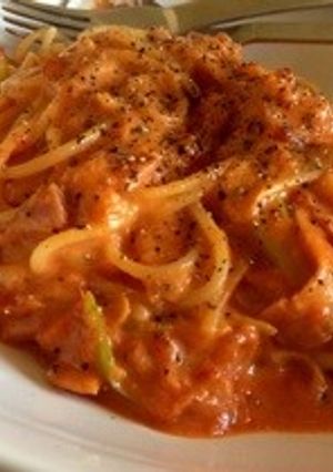 ベーコンと長ネギのトマトカルボナーラ。-レシピのメイン写真