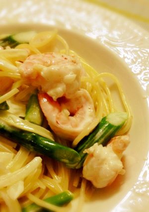アスパラえび玉ねぎのクリーム春パスタ♪-レシピのメイン写真