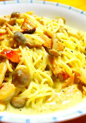 バジル風味の鮭ときのこのクリームパスタ♪-レシピのメイン写真