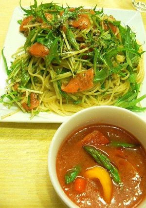 水菜とサーモンの冷製★つけスパゲティ-レシピのメイン写真