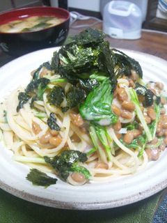 ねばねばおいしい☆明太納豆と水菜のパスタ-レシピのメイン写真