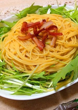 簡単！カリカリベーコンと水菜のパスタ-レシピのメイン写真