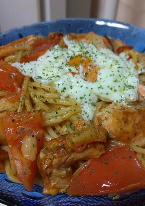 本気の♡トマト鮭焼きハラス温泉卵パスタ♪-レシピのメイン写真