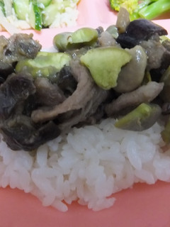 豚肉とナスとそら豆の焼肉タレ風炒め丼-レシピのメイン写真
