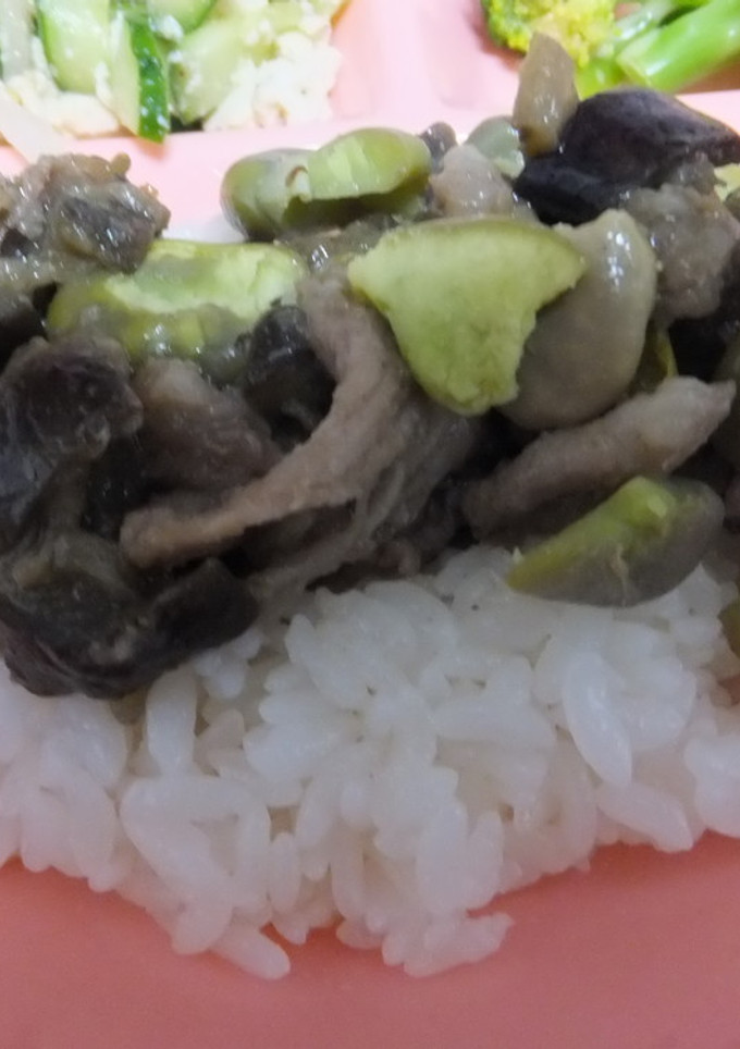 豚肉とナスとそら豆の焼肉タレ風炒め丼-レシピのメイン写真