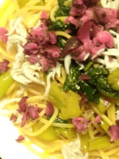 絶品!しば漬けとしらすと野沢菜の和風スパ-レシピのメイン写真