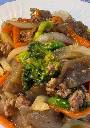 【ヘルシー】合挽肉と蒟蒻と野菜の中華炒め-レシピのメイン写真