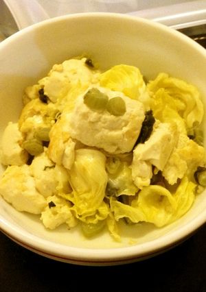 ヘルシー副菜。豆腐とキャベツの塩高菜炒め-レシピのメイン写真