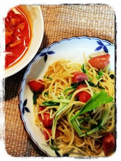 簡単!ウインナーと水菜のガーリックパスタ-レシピのメイン写真