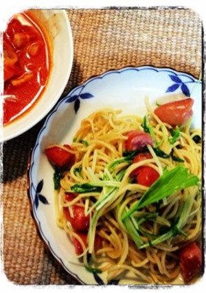 簡単!ウインナーと水菜のガーリックパスタ-レシピのメイン写真