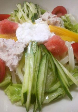 ☆めんたい釜玉＆ツナマヨ豪華サラダうどん-レシピのメイン写真