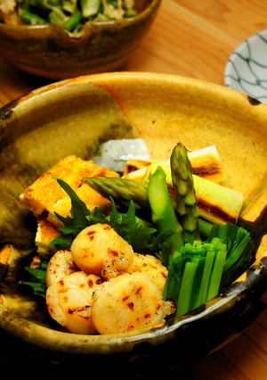 帆立の炙りと油揚げの胡麻ドレ和えサラダ風-レシピのメイン写真