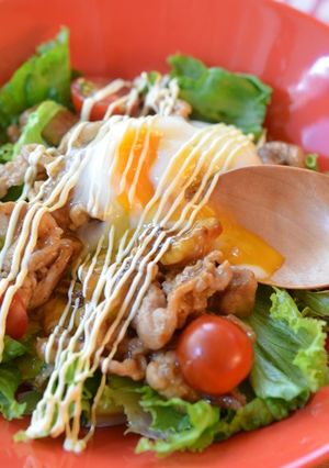 ヨシダグルメソースで照り玉豚マヨサラダ丼-レシピのメイン写真
