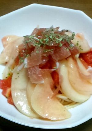 俺流！ちょっぴりオシャレに桃の冷製パスタ-レシピのメイン写真