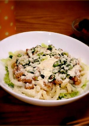 とろ～り卵の納豆カルボ風うどん。-レシピのメイン写真