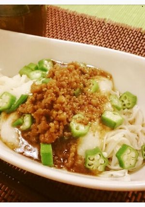 鶏挽き肉☆オクラ＆とろろ☆そうめん-レシピのメイン写真