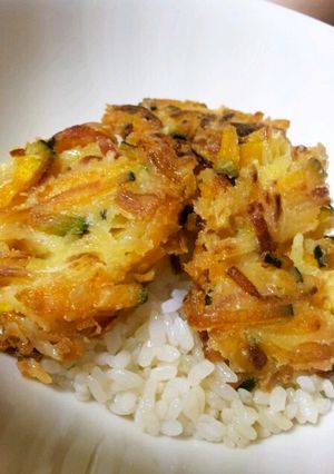 かぼちゃと玉ねぎとハムのかきあげ丼-レシピのメイン写真