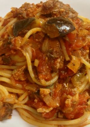 鯖＠サバ缶とナスのトマト ソース パスタ-レシピのメイン写真