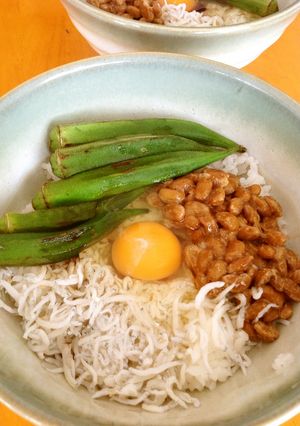納豆、しらす、卵、焼きオクラの4色丼-レシピのメイン写真