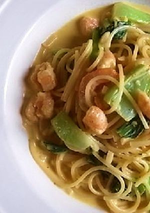 海老と青梗菜のカレークリームスパゲティー-レシピのメイン写真
