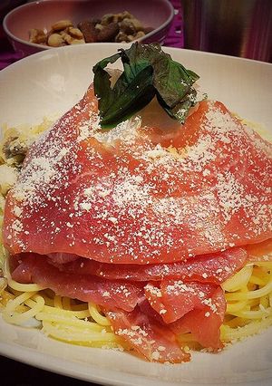 生ハムと玉ねぎのシーフードパスタ！-レシピのメイン写真