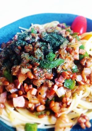 冷蔵庫の残りで☆ガパオ風納豆パスタ-レシピのメイン写真