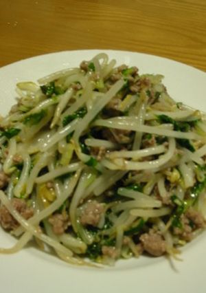 冷蔵庫掃除貧乏炒～セロリ葉もやし挽肉で-レシピのメイン写真