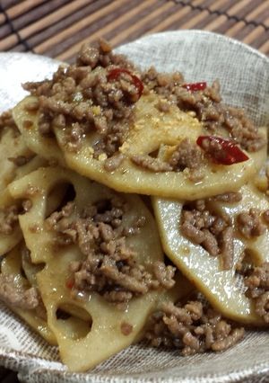蓮根と牛みんちの炒り煮!-レシピのメイン写真