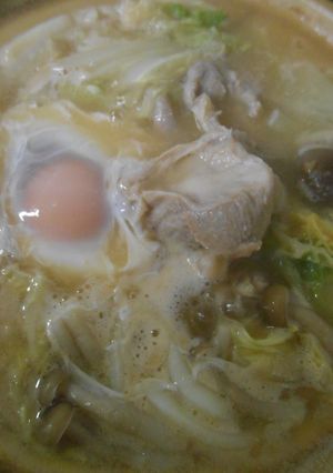 鶏肉と白菜入り味噌煮込みうどん・卵入り-レシピのメイン写真
